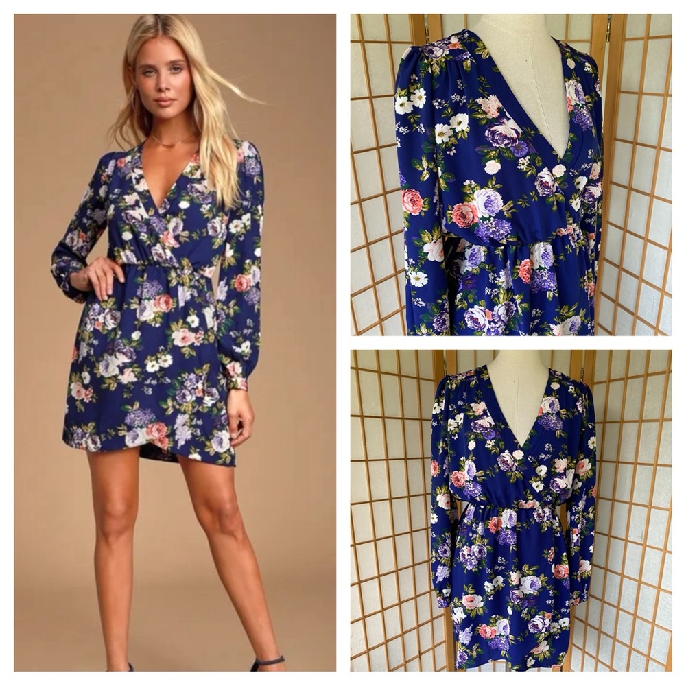 Lulus That’s A Wrap Navy Blue Floral Faux Wrap Dress SZ L